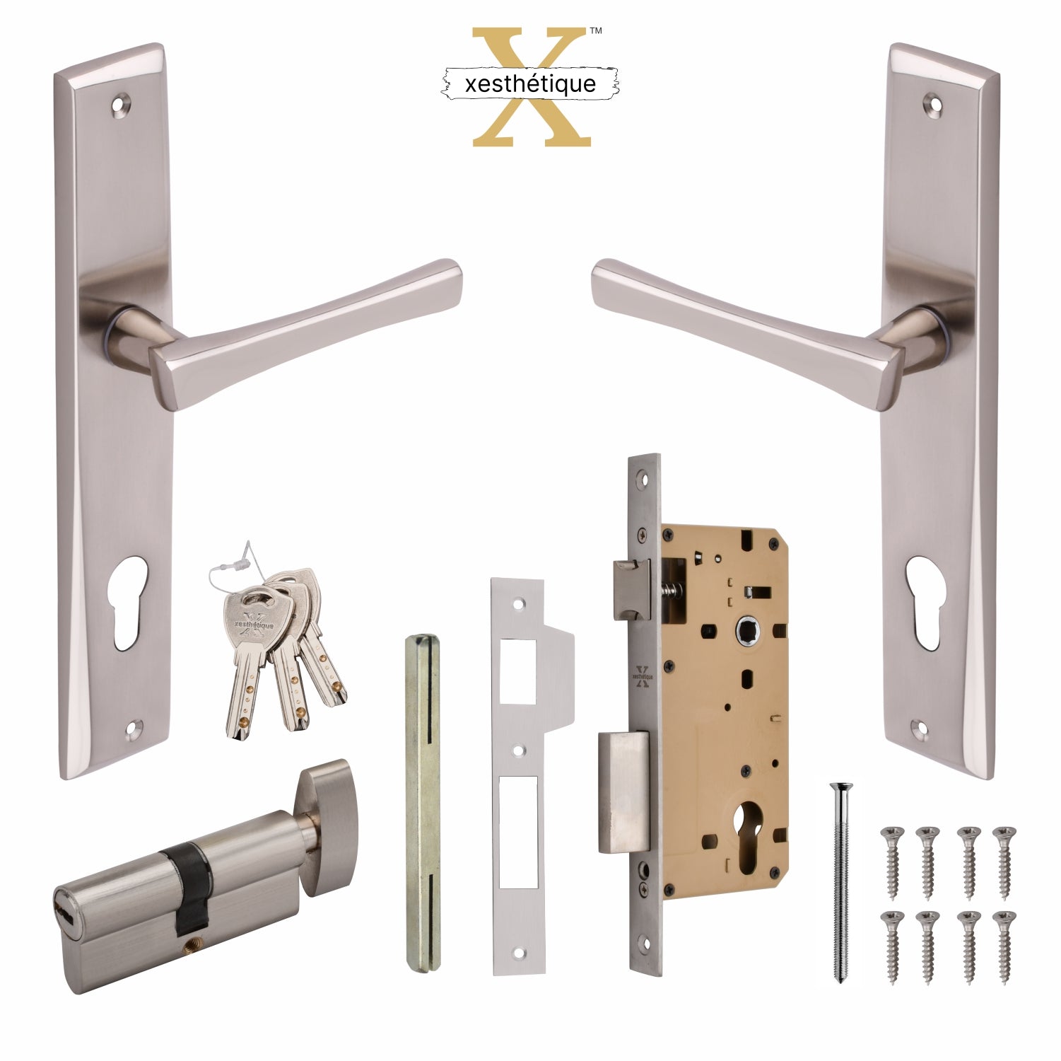Xesthetique Premium Brass Mortise Door Lock Set – 10" Handle with Secure One Side Nobe Key Cylinder CH13