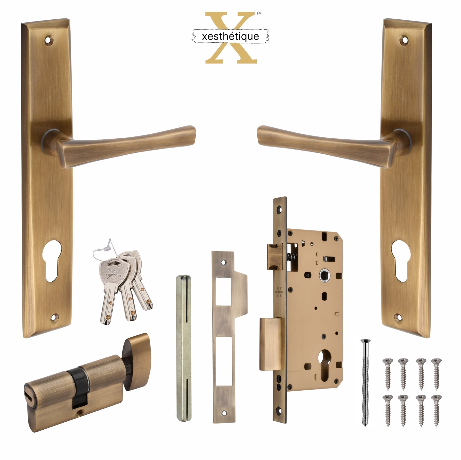 Xesthetique Premium Brass Mortise Door Lock Set – 10" Handle with Secure One Side Nobe Key Cylinder CH13