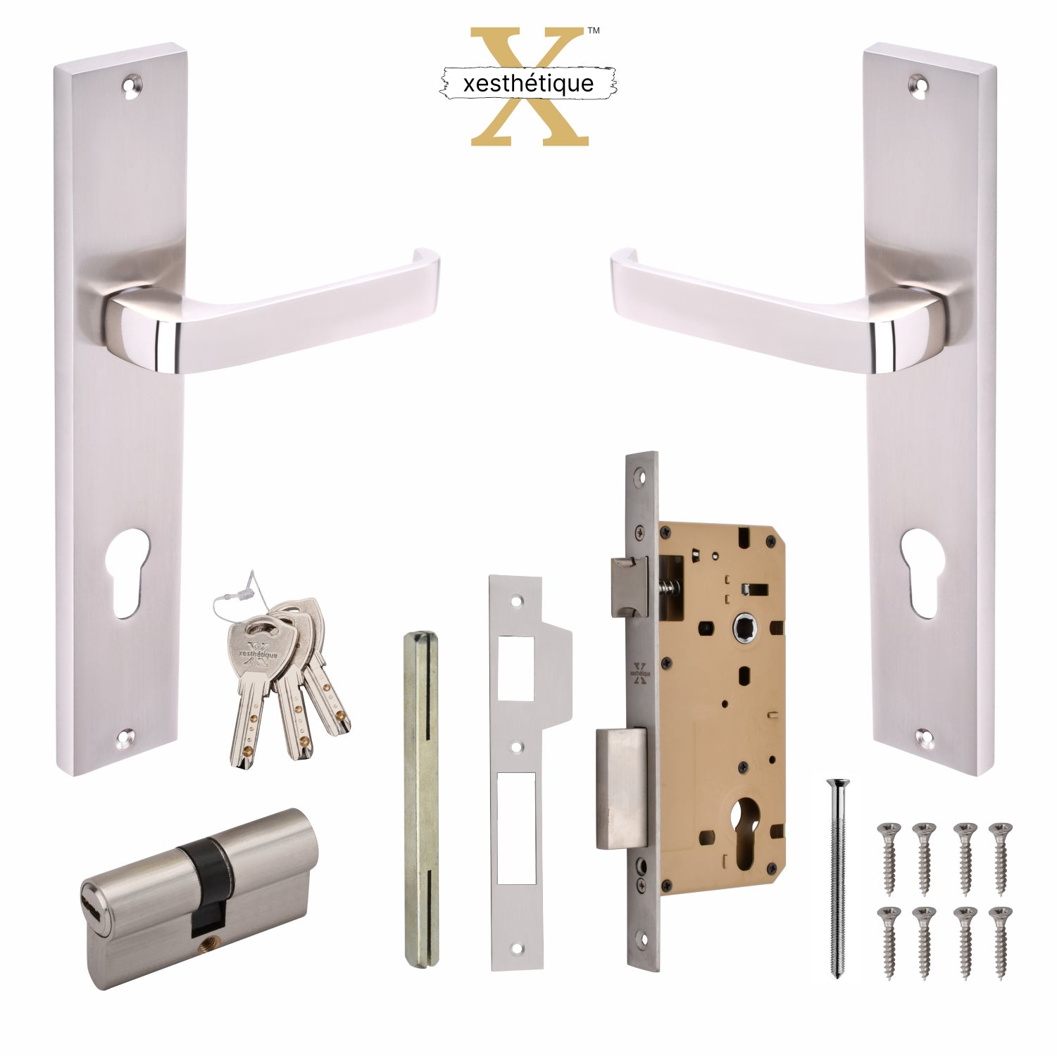 Xesthetique Premium Brass Mortise Door Lock Set – 10" Handle with Secure Both Side Key Cylinder CA54