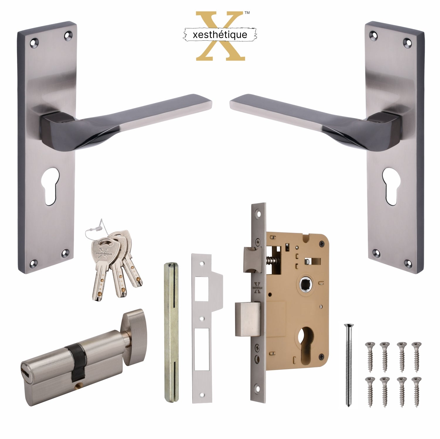 Xesthetique Morden S.S. 304 Mortise Door Lock Set – 8" Handle with Secure One Side Nobe Ultra Key Cylinder CAS133