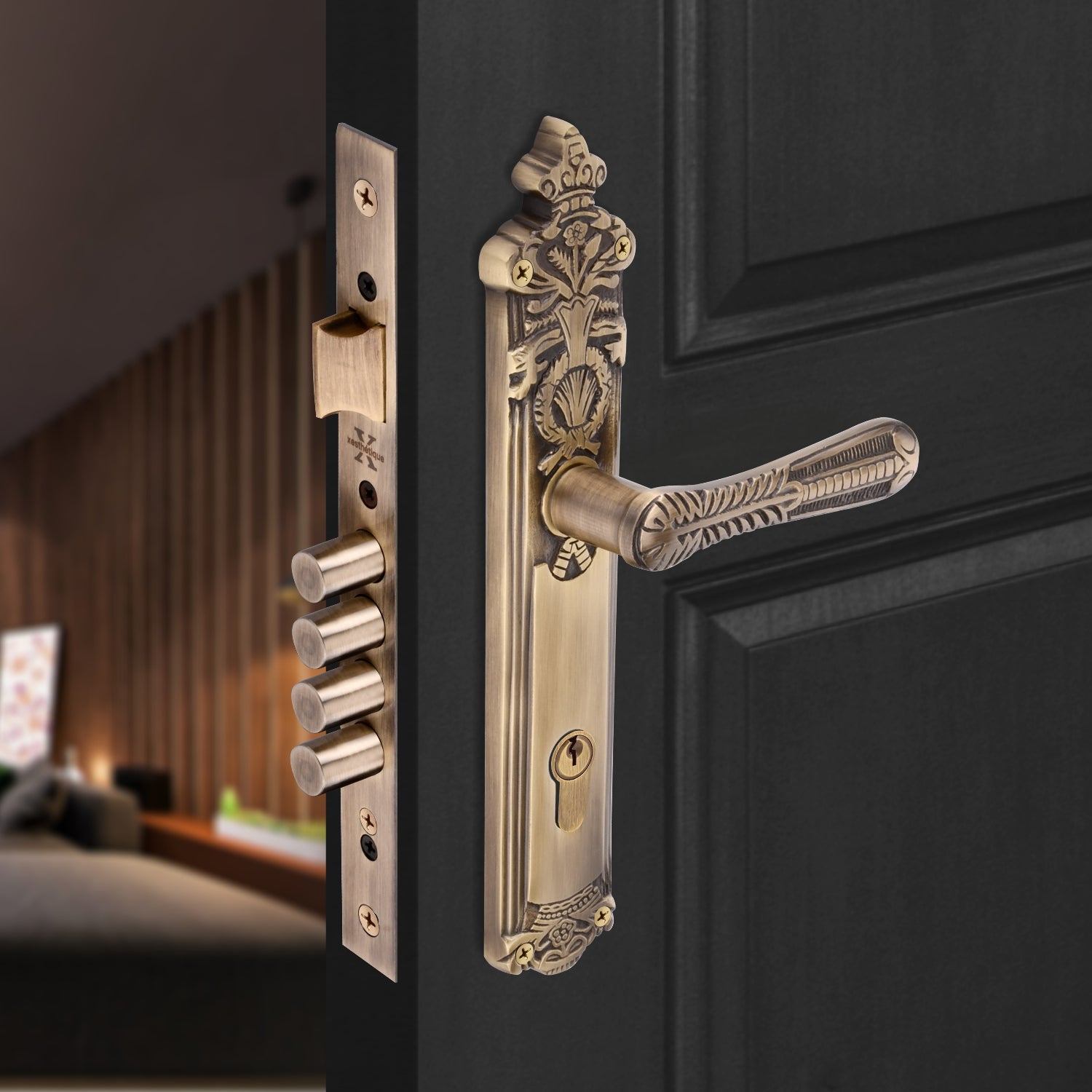 Xesthetique Vintage Brass Mortise Door Lock Set – 10" Handle with Secure 4 Bullet Lock One Side Nobe Ultra Key 70MM/90MM Pin Cylinder CEL86