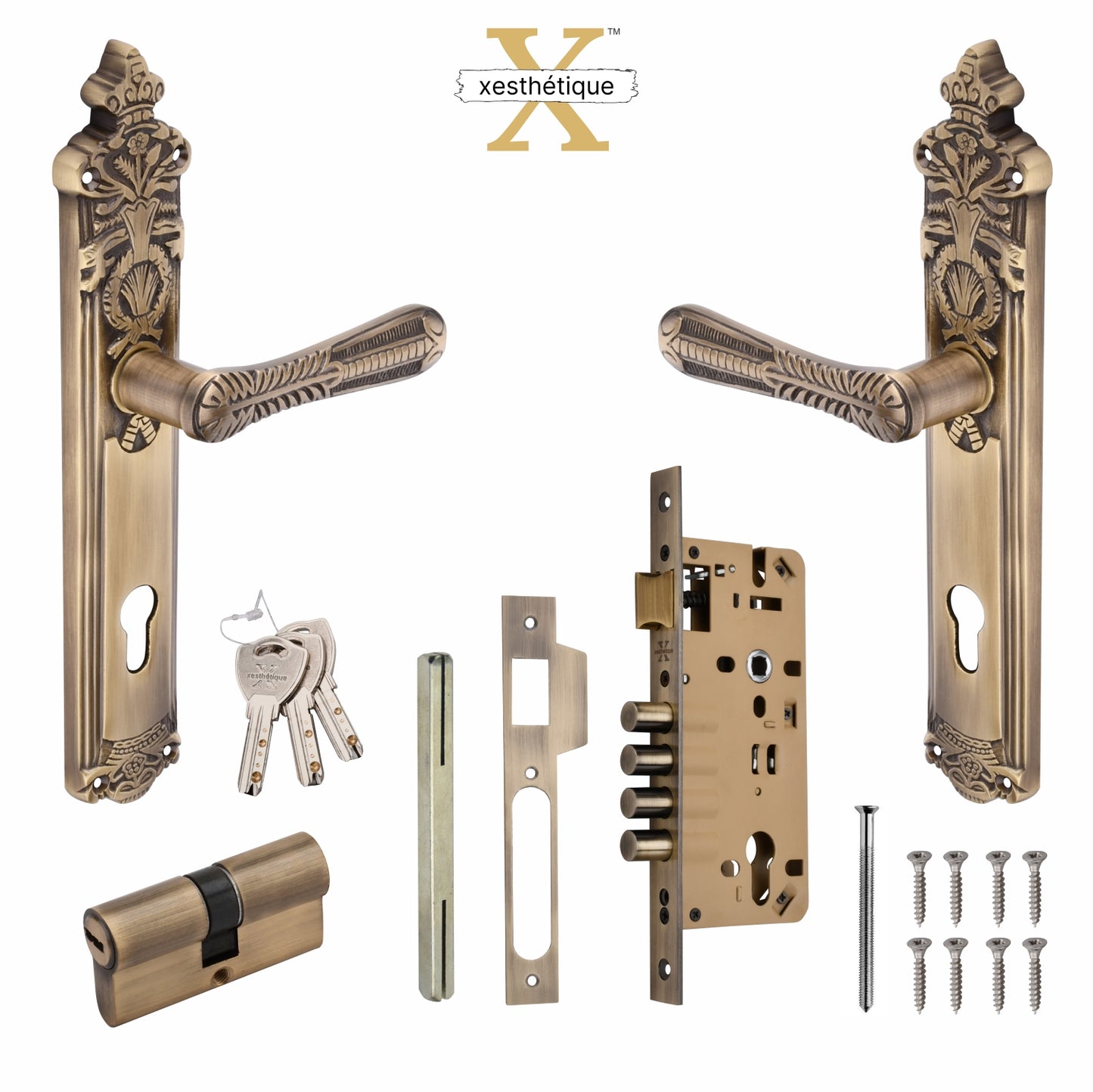 Xesthetique Vintage Brass Mortise Door Lock Set – 10" Handle with Secure 4 Bullet Lock Both Side Ultra Key Cylinder CEL83