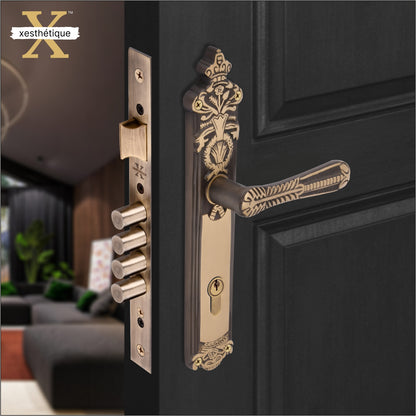 Xesthetique Vintage Brass Mortise Door Lock Set – 10" Handle with Secure 4 Bullet Lock One Side Nobe Ultra Key 70MM/90MM Pin Cylinder CEL88