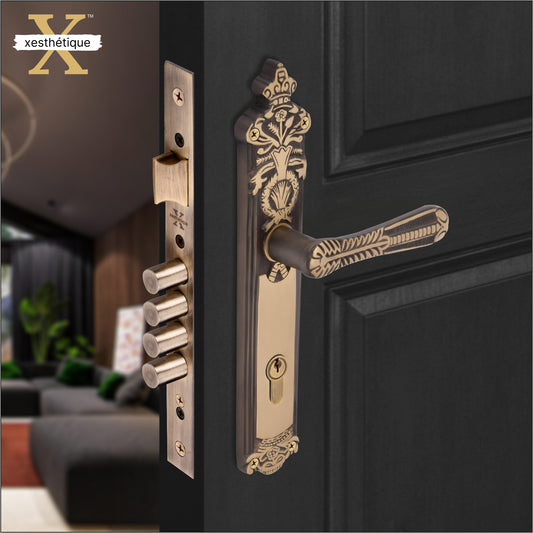 Xesthetique Vintage Brass Mortise Door Lock Set – 10" Handle with Secure 4 Bullet Lock One Side Nobe Ultra Key 70MM/90MM Pin Cylinder CEL88