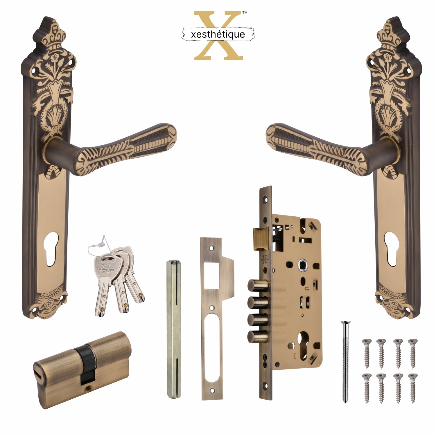 Xesthetique Vintage Brass Mortise Door Lock Set – 10" Handle with Secure 4 Bullet Lock Both Side Ultra Key Cylinder CEL83