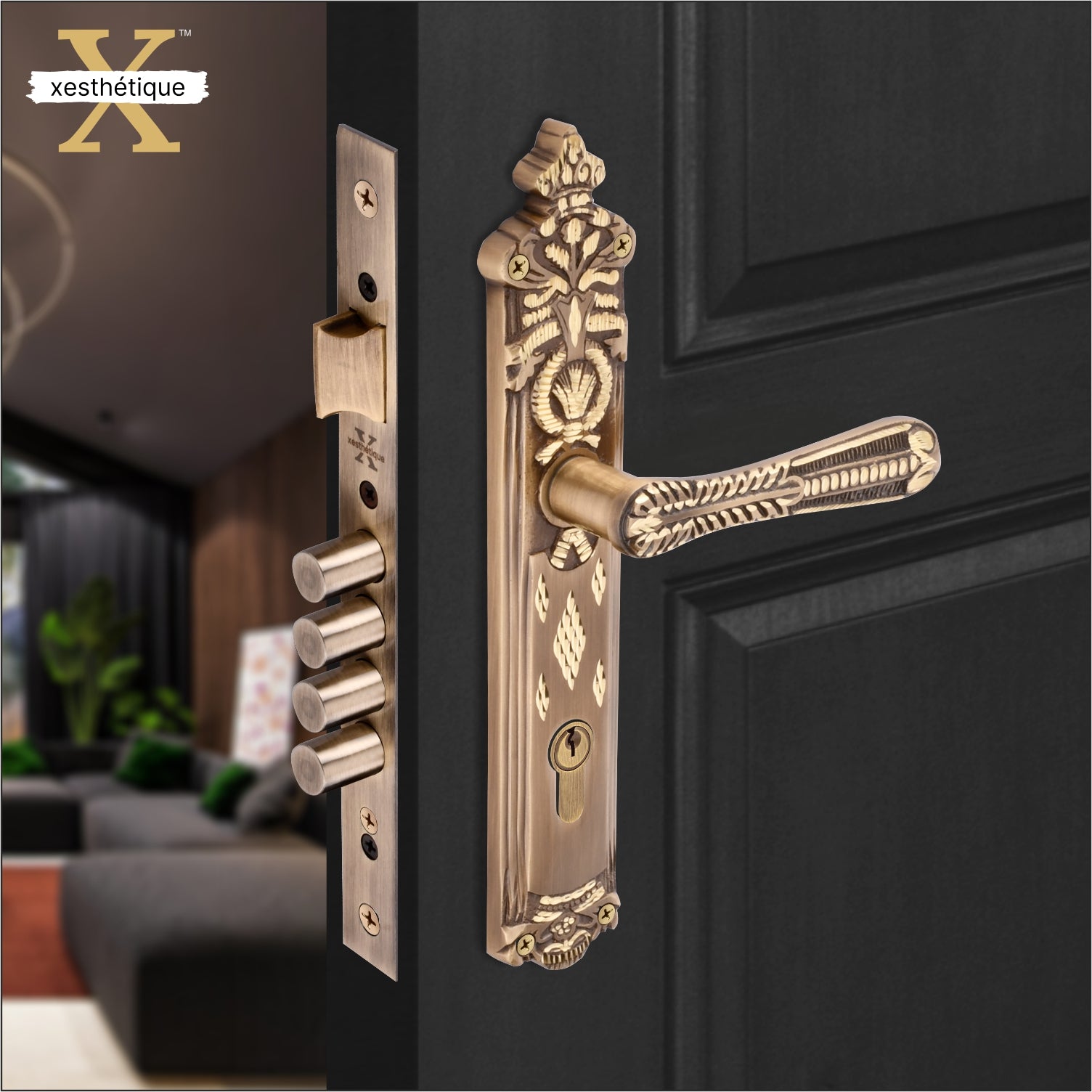 Xesthetique Vintage Brass Mortise Door Lock Set – 10" Handle with Secure 4 Bullet Lock One Side Nobe Ultra Key 70MM/90MM Pin Cylinder CEL90