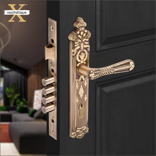 Xesthetique Vintage Brass Mortise Door Lock Set – 10" Handle with Secure 4 Bullet Lock Both Side Ultra Key Cylinder CEL83