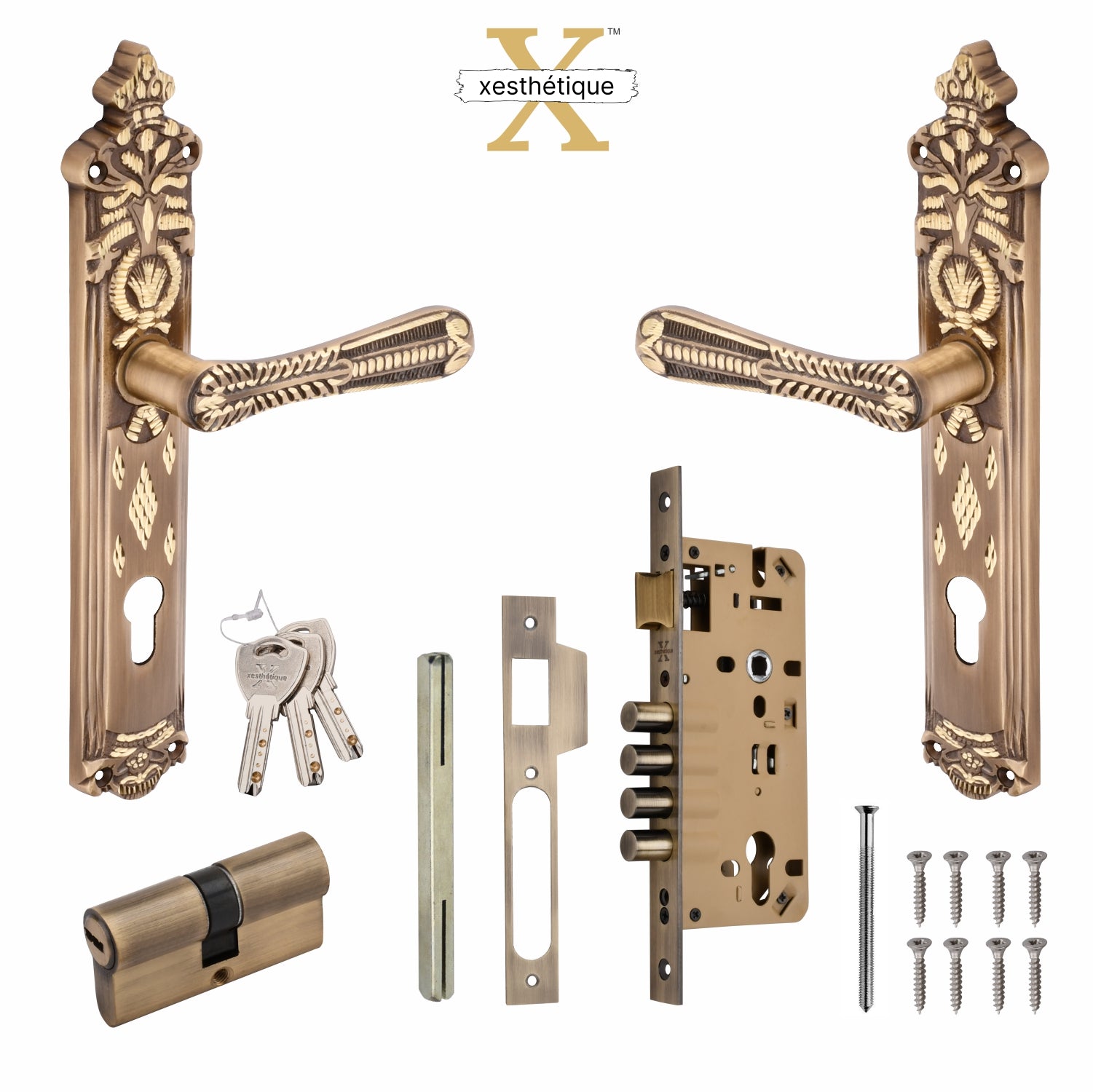 Xesthetique Vintage Brass Mortise Door Lock Set – 10" Handle with Secure 4 Bullet Lock Both Side Ultra Key Cylinder CEL83