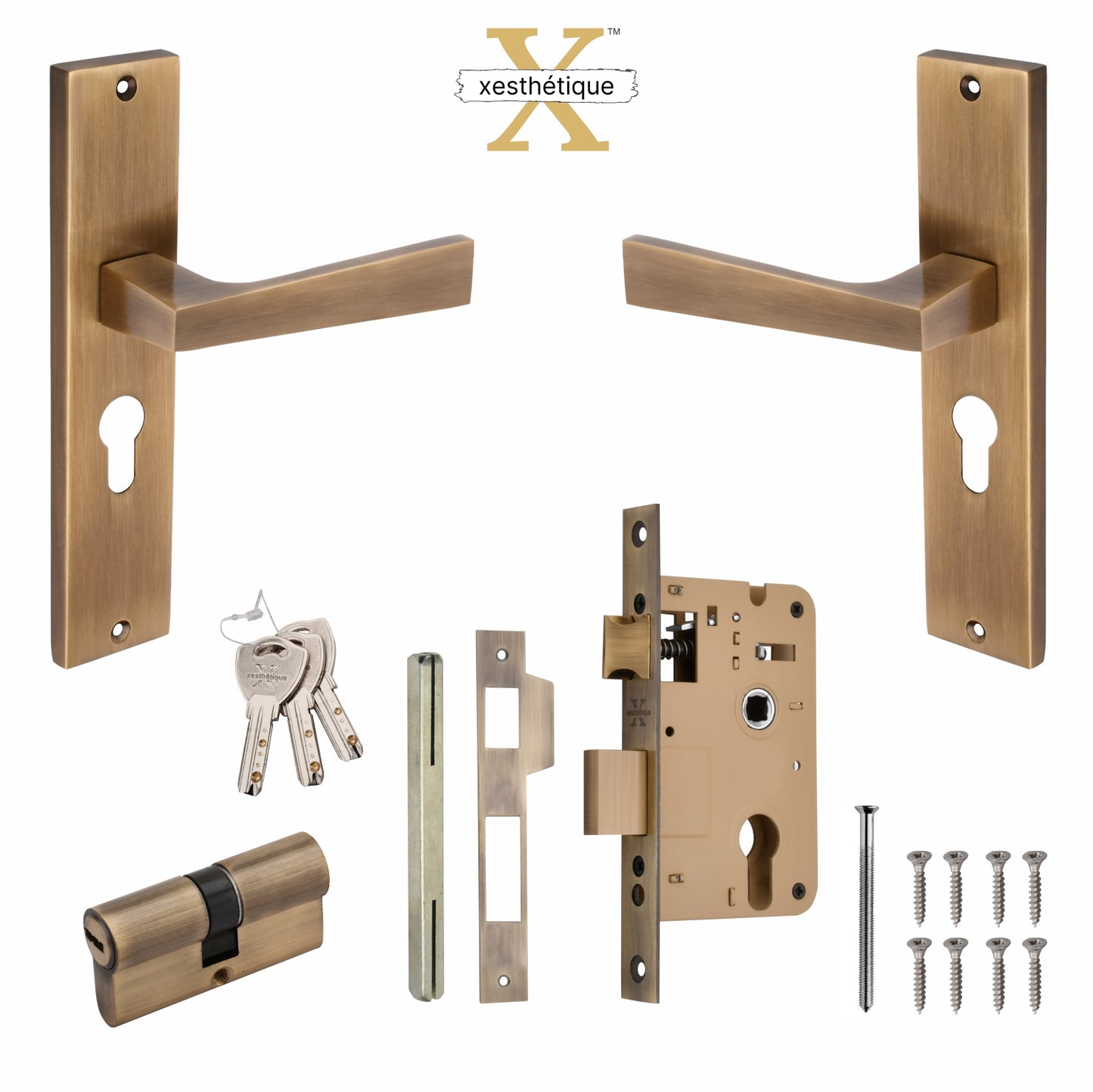 Xesthetique Premium Brass Mortise Door Lock Set – 8" Handle with Secure Both Side Ultra Key Cylinder EZRA113