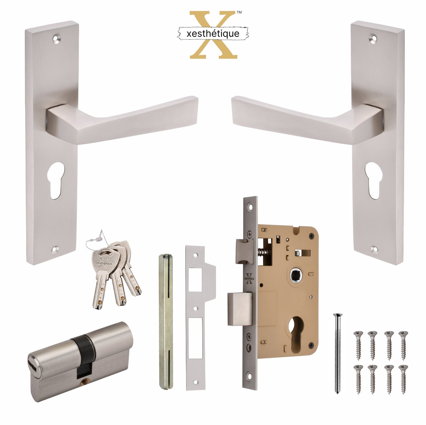 Xesthetique Premium Brass Mortise Door Lock Set – 8" Handle with Secure Both Side Ultra Key Cylinder EZRA113