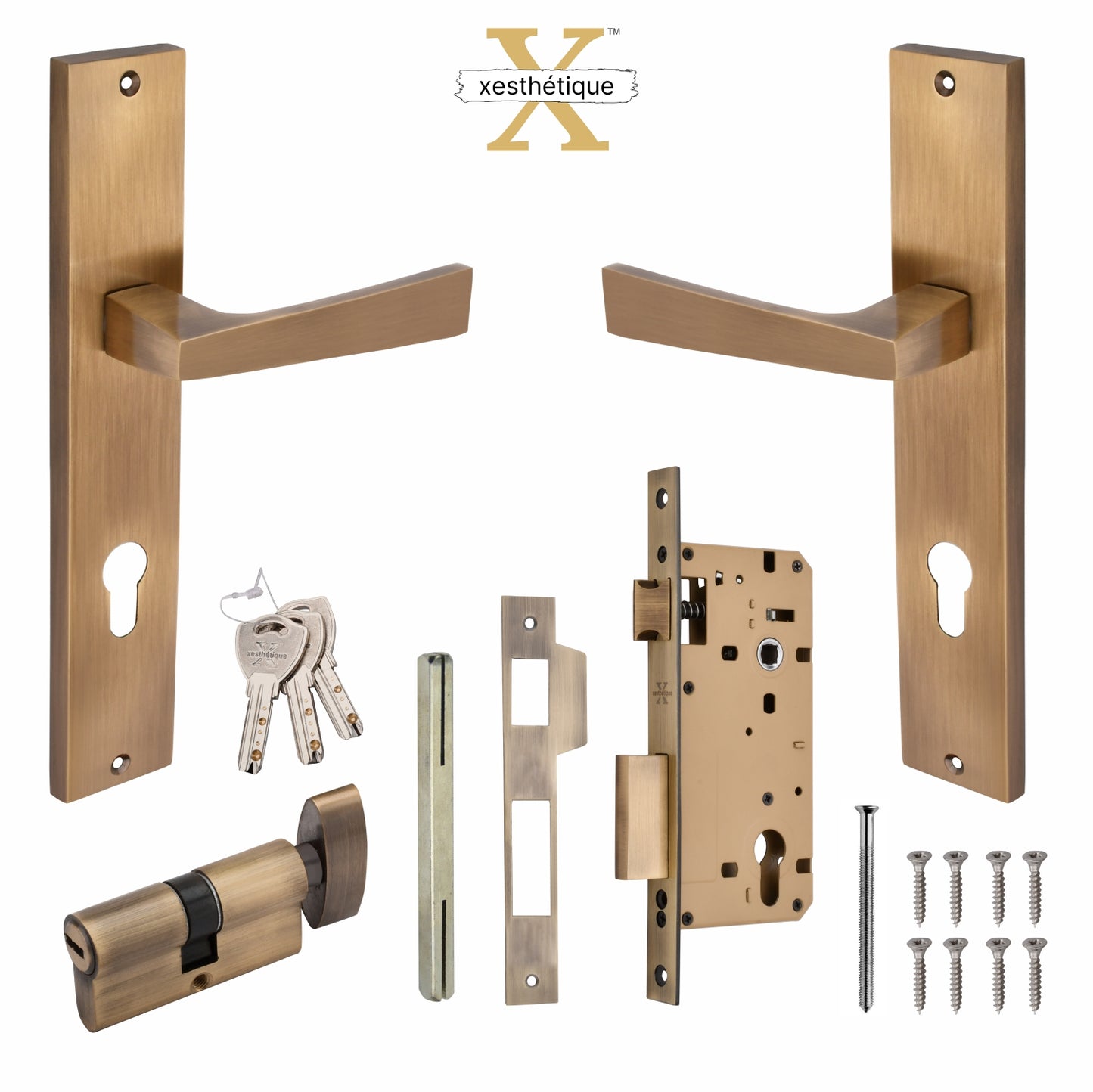 Xesthetique Premium Brass Mortise Door Lock Set – 10" Handle with Secure One Side Nobe Ultra Key Cylinder EZRA116