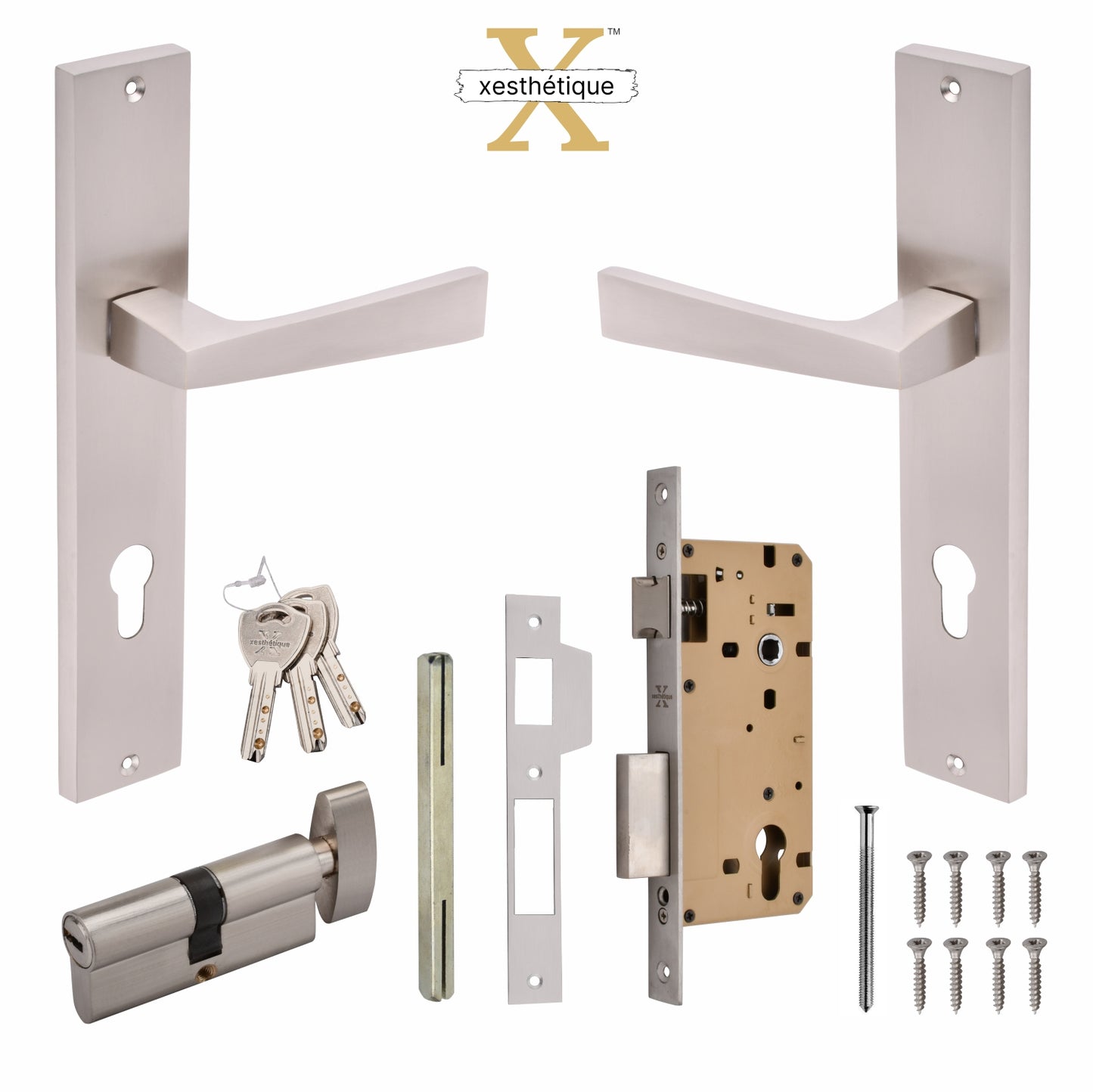 Xesthetique Premium Brass Mortise Door Lock Set – 10" Handle with Secure One Side Nobe Ultra Key Cylinder EZRA116