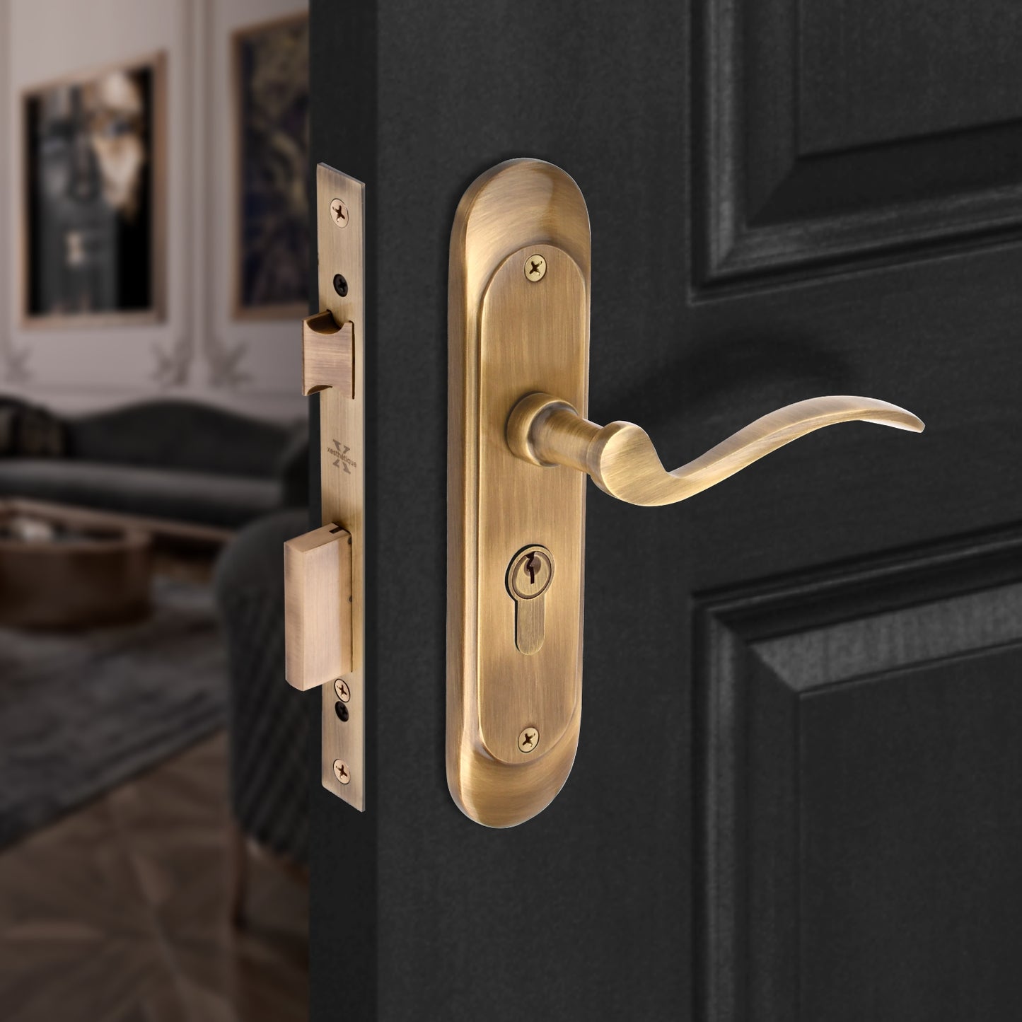 Xesthetique Premium Brass Mortise Door Lock Set – 8" Handle with Secure One Side Nobe Key Cylinder ELE95