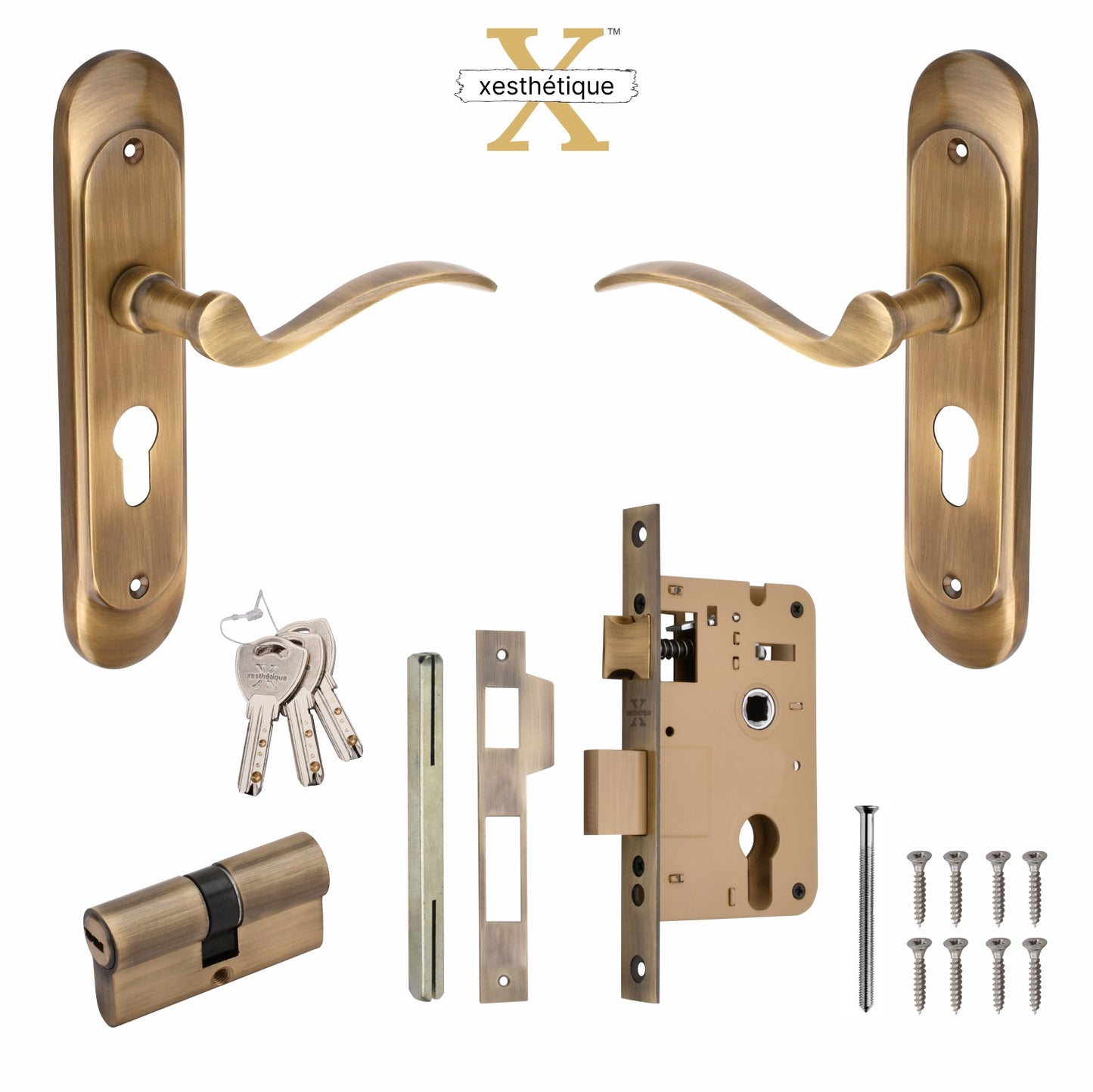 Xesthetique Premium Brass Mortise Door Lock Set – 8" Handle with Secure Both Side Key Cylinder ELE94