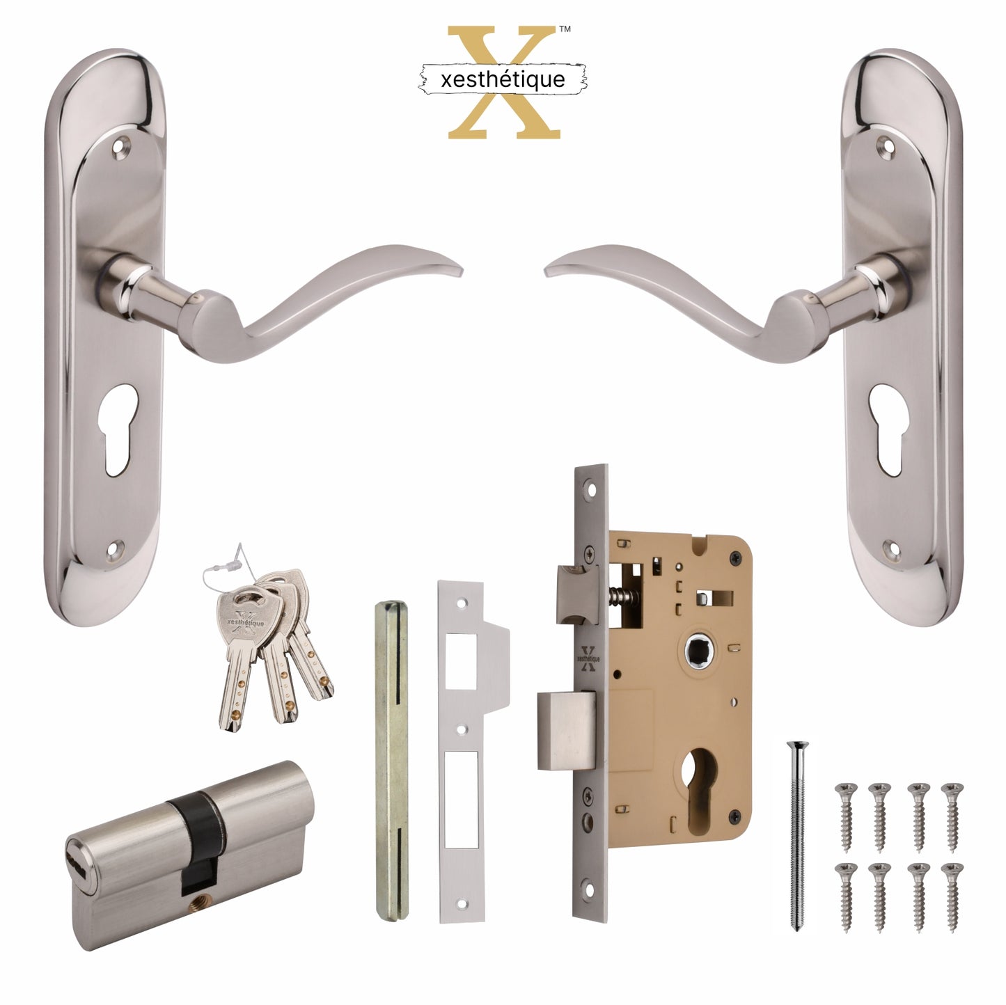 Xesthetique Premium Brass Mortise Door Lock Set – 8" Handle with Secure Both Side Key Cylinder ELE94
