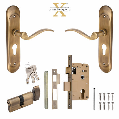 Xesthetique Premium Brass Mortise Door Lock Set – 8" Handle with Secure One Side Nobe Key Cylinder ELE95