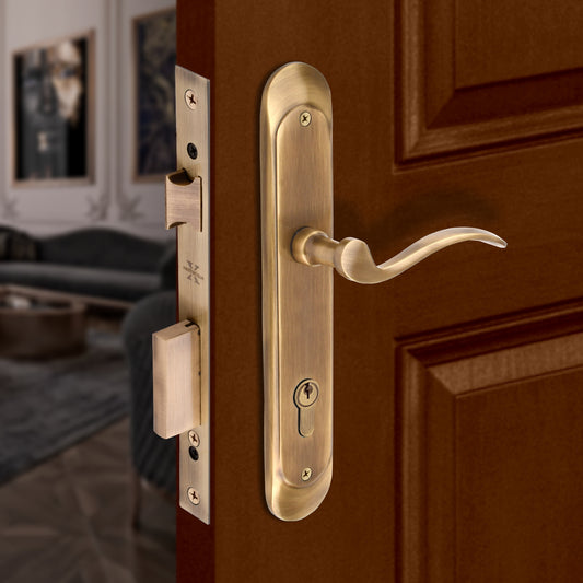 Xesthetique Premium Brass Mortise Door Lock Set – 10" Handle with Secure One Side Nobe Ultra Key 70MM/90MM Pin Cylinder ELE99