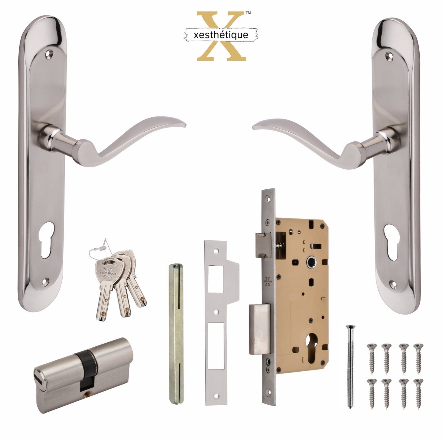 Xesthetique Premium Brass Mortise Door Lock Set – 10" Handle with Secure Both Side Ultra Key Cylinder ELE96