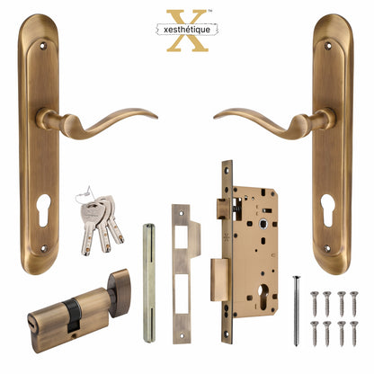 Xesthetique Premium Brass Mortise Door Lock Set – 10" Handle with Secure One Side Nobe Ultra Key Cylinder ELE97