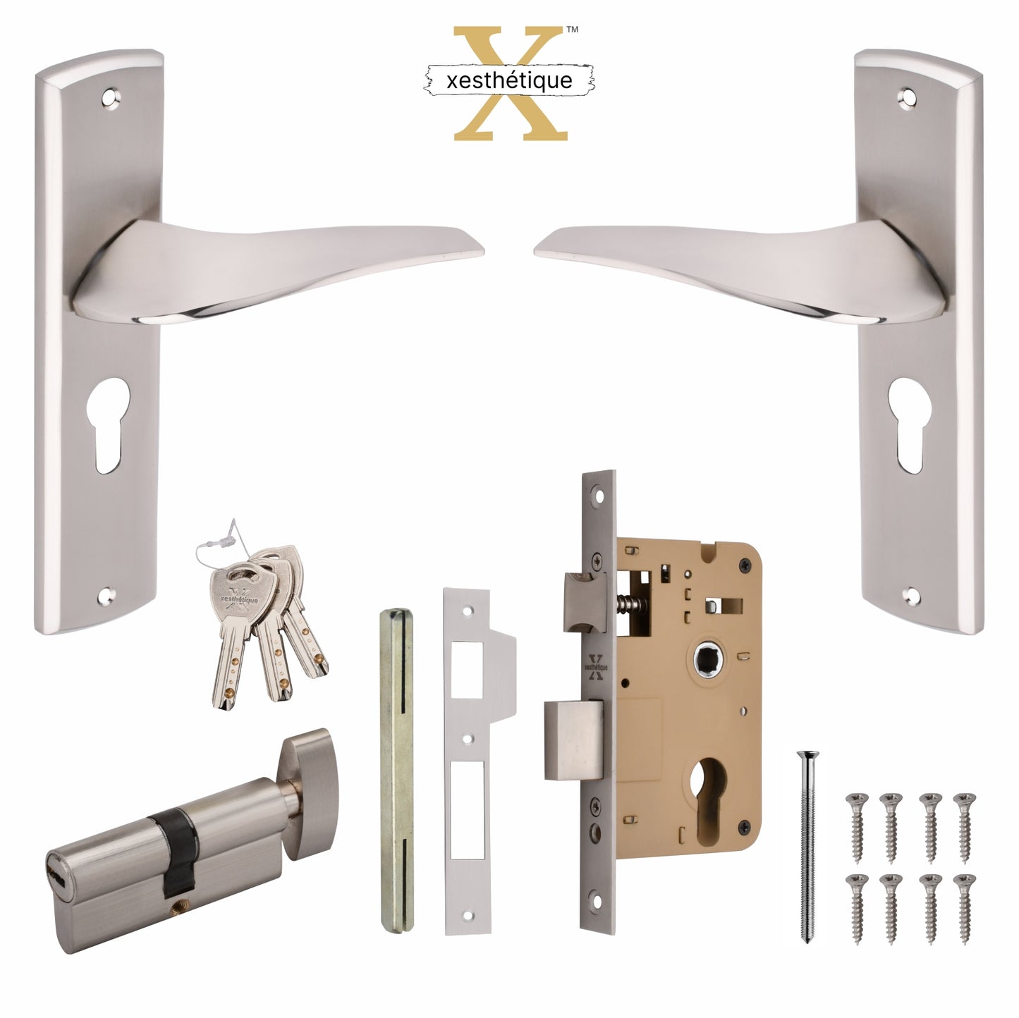 Xesthetique Premium Brass Mortise Door Lock Set – 8" Handle with Secure One Side Nobe Ultra Key Cylinder ESME122