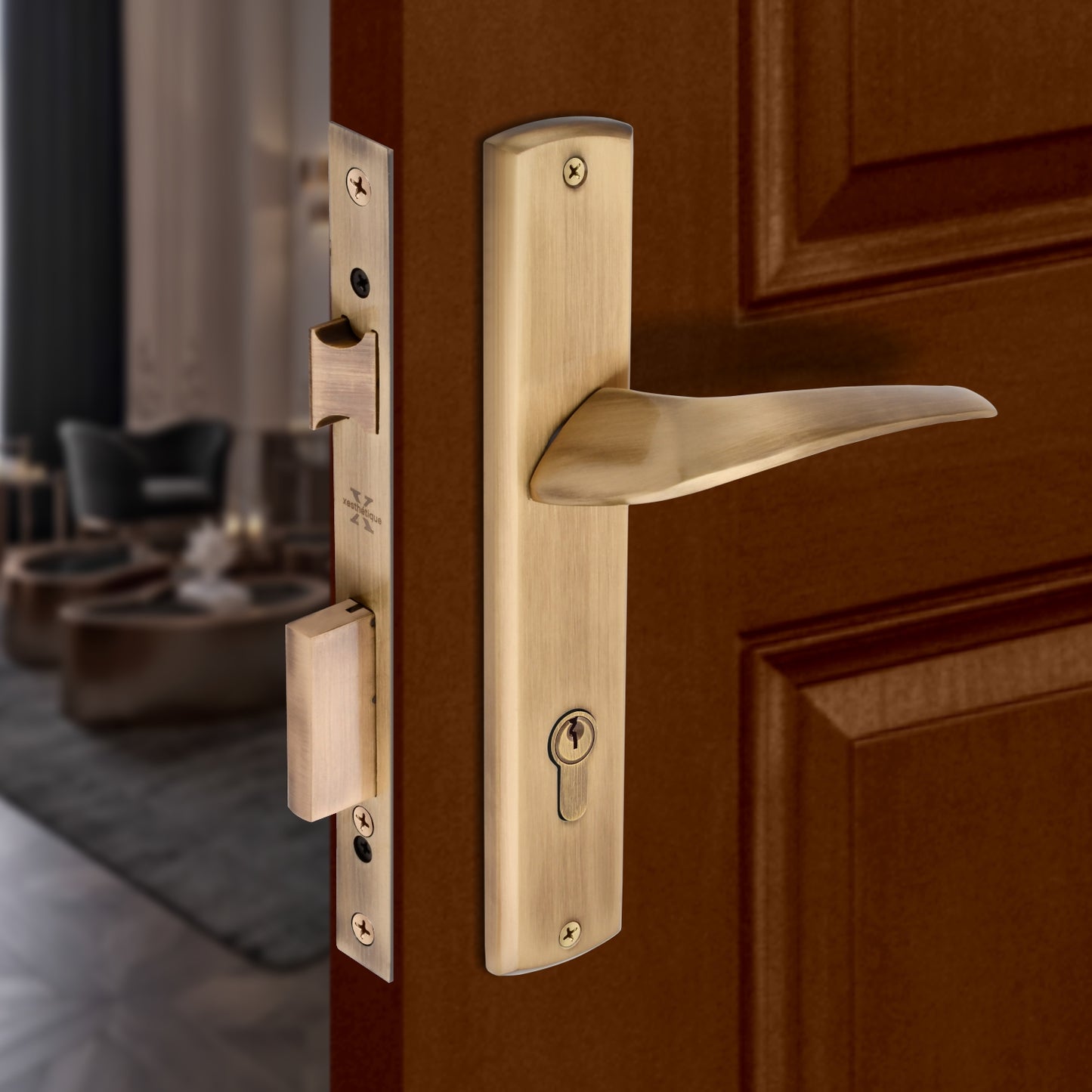 Xesthetique Premium Brass Mortise Door Lock Set – 10" Handle with Secure Both Side Ultra Key 70MM/90MM Pin Cylinder ESME125