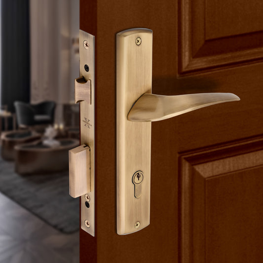 Xesthetique Premium Brass Mortise Door Lock Set – 10" Handle with Secure One Side Nobe Ultra Key 70MM/90MM Pin Cylinder ESME126