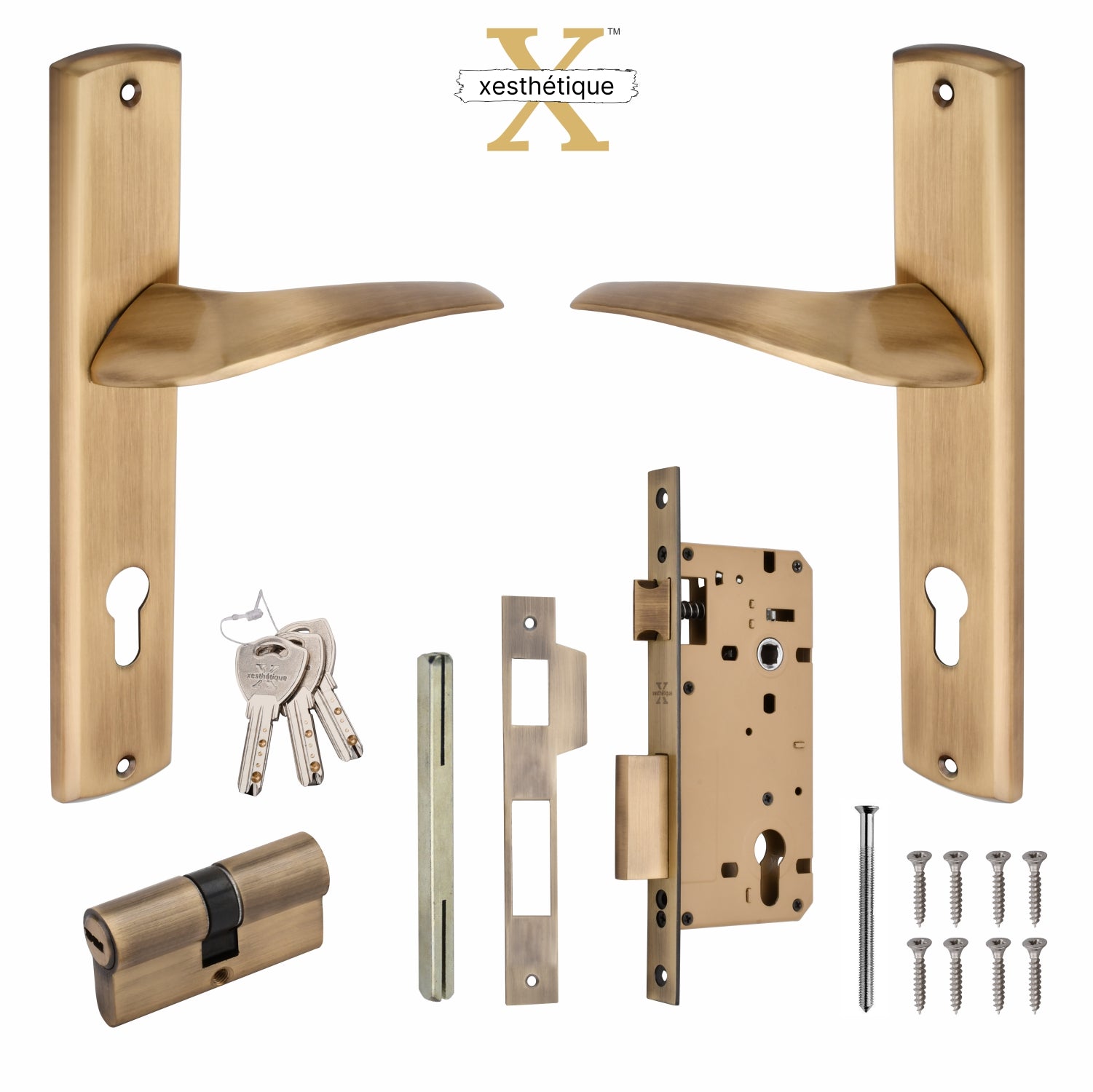 Xesthetique Premium Brass Mortise Door Lock Set – 10" Handle with Secure Both Side Ultra Key Cylinder ESME123