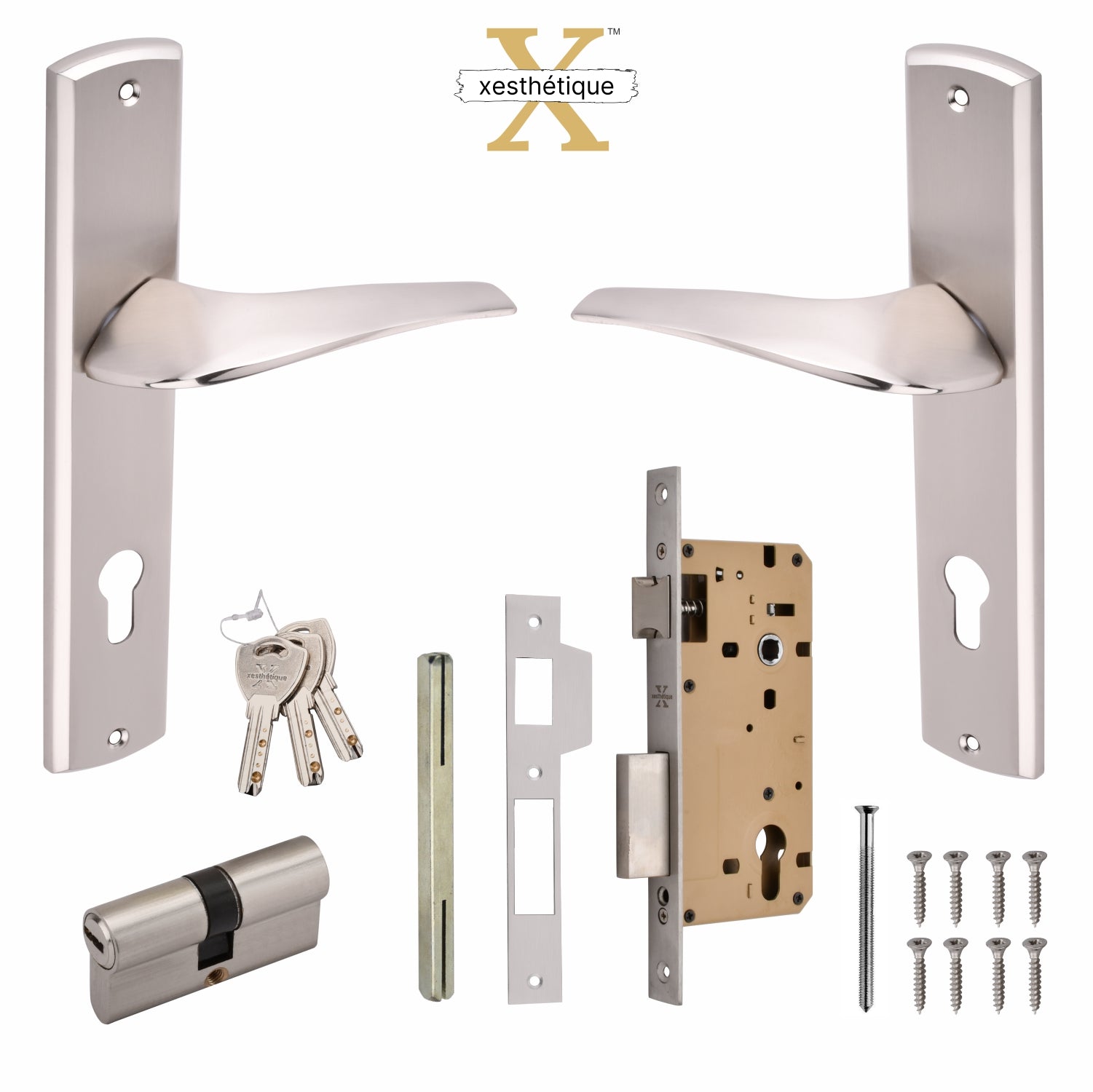 Xesthetique Premium Brass Mortise Door Lock Set – 10" Handle with Secure Both Side Ultra Key Cylinder ESME123