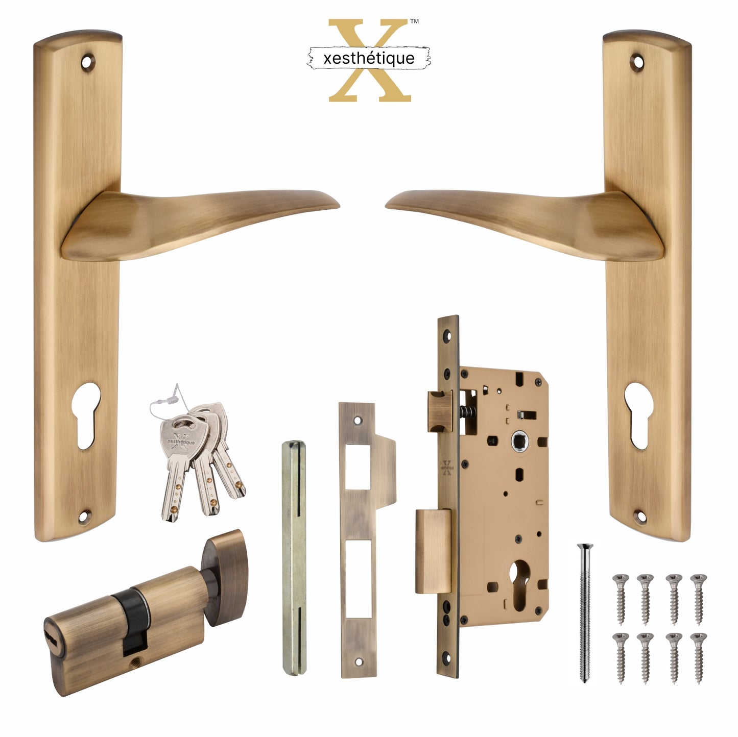 Xesthetique Premium Brass Mortise Door Lock Set – 10" Handle with Secure One Side Nobe Ultra Key Cylinder ESME124