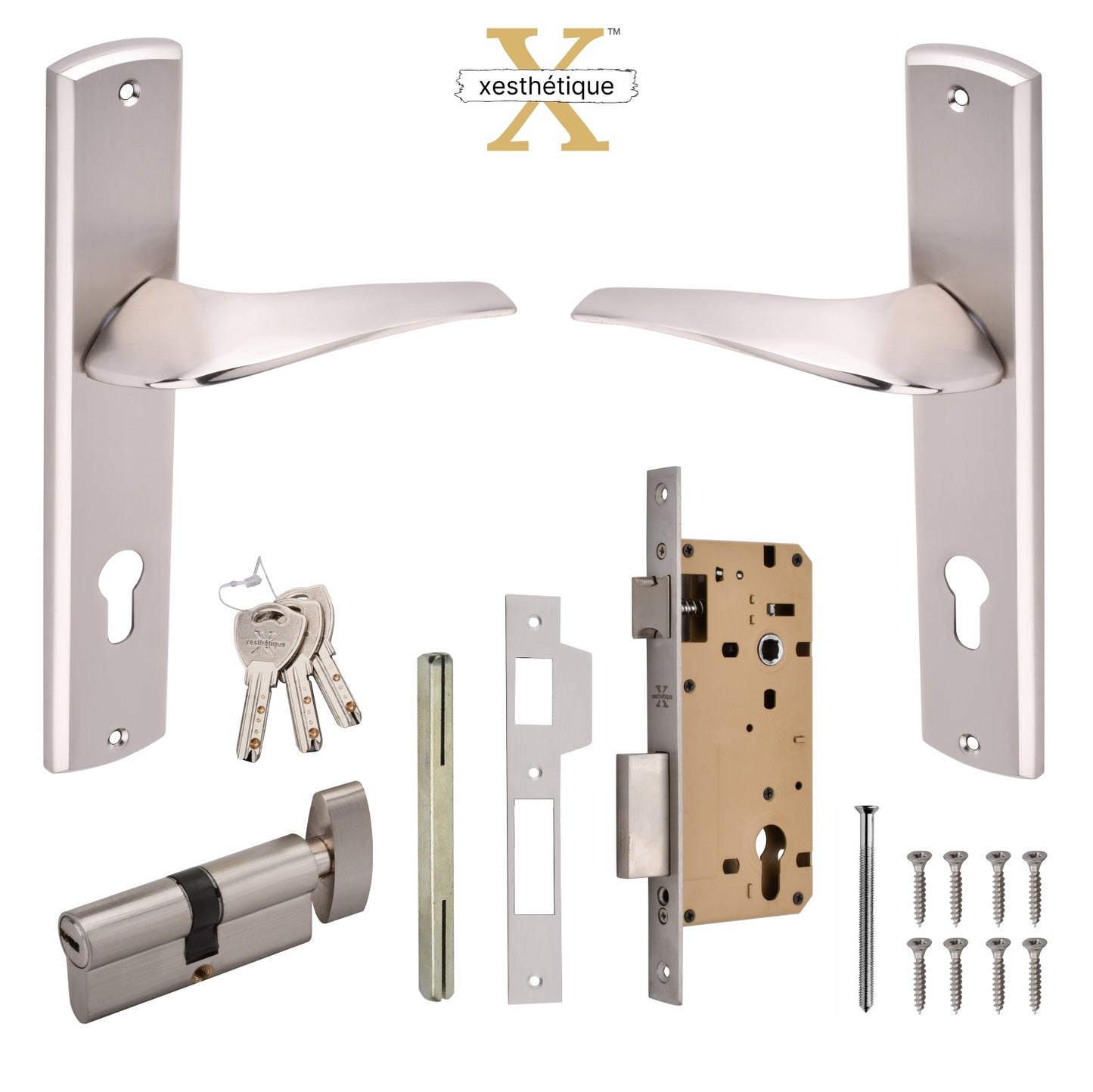 Xesthetique Premium Brass Mortise Door Lock Set – 10" Handle with Secure One Side Nobe Ultra Key Cylinder ESME124