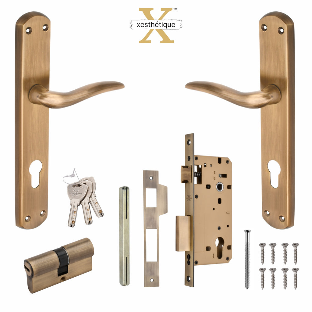 Xesthetique Premium Brass Mortise Door Lock Set – 10" Handle with Secure Both Side Ultra Key Cylinder FAU107