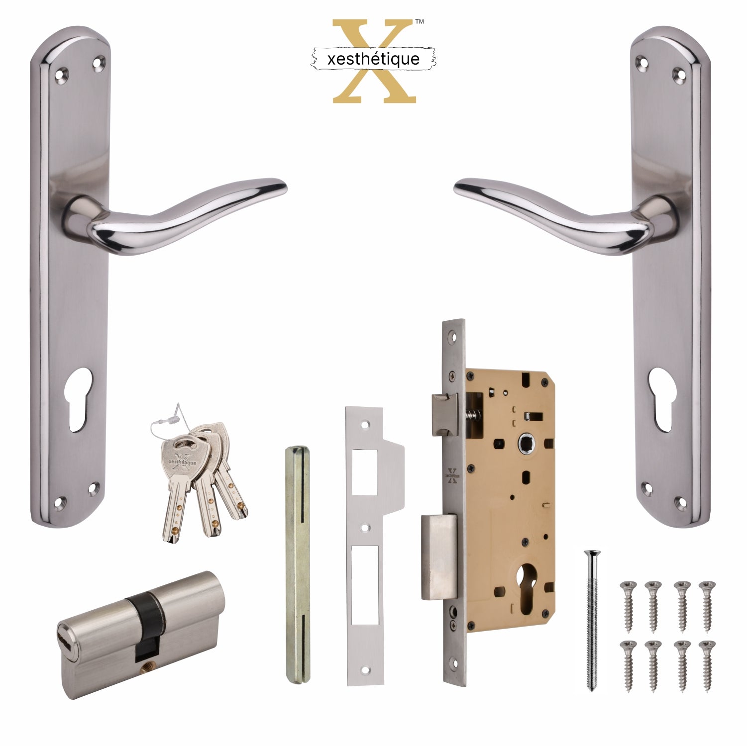 Xesthetique Premium Brass Mortise Door Lock Set – 10" Handle with Secure Both Side Ultra Key Cylinder FAU107