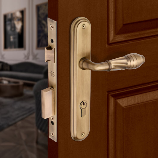Xesthetique Vintage Brass Mortise Door Lock Set – 10" Handle with Secure One Side Nobe Ultra Key 70MM/90MM Pin Cylinder HE139