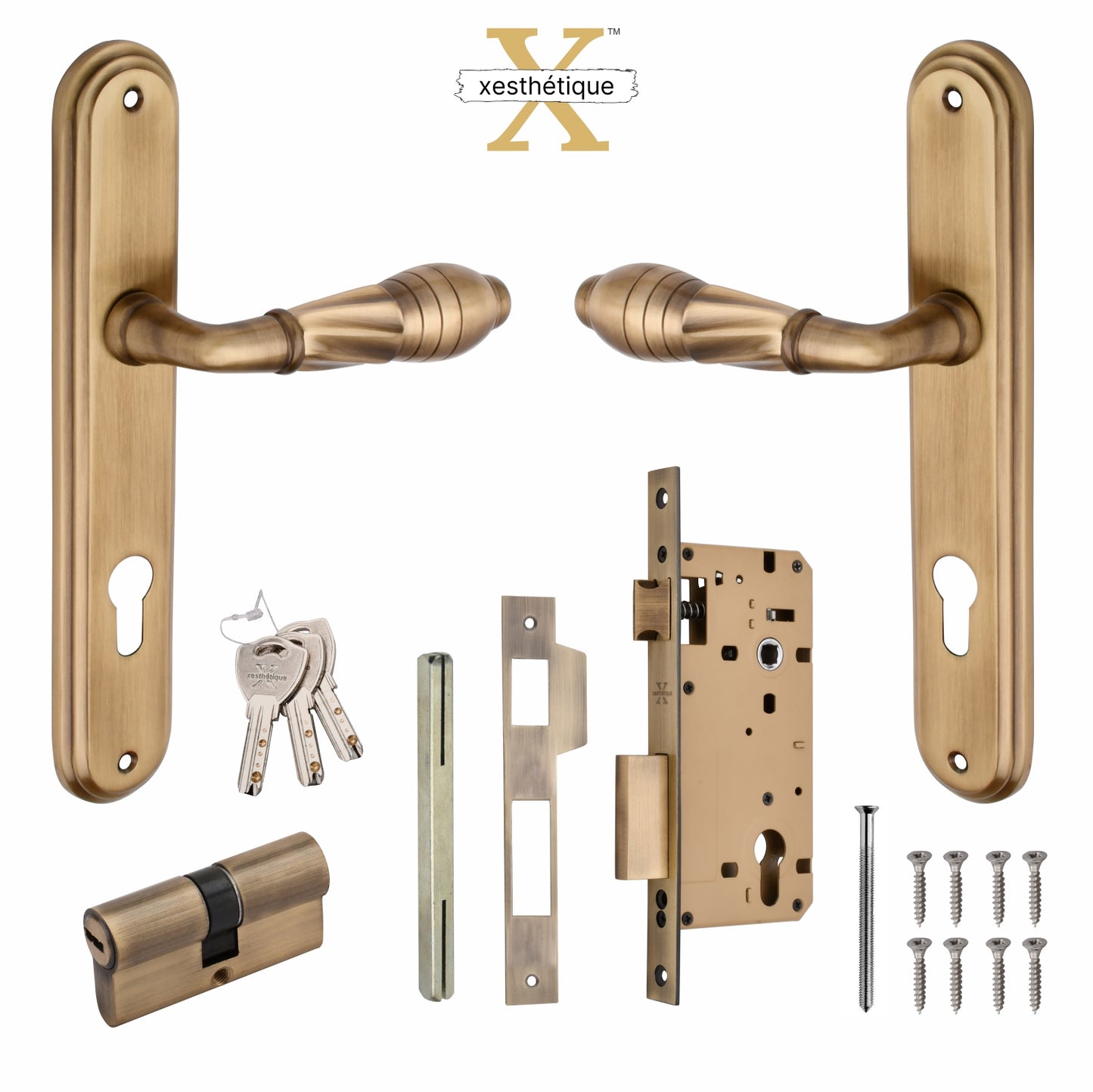 Xesthetique Vintage Brass Mortise Door Lock Set – 10" Handle with Secure Both Side Ultra Key/One Side Nobe Ultra Key Cylinder HE137