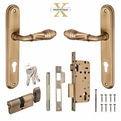 Xesthetique Vintage Brass Mortise Door Lock Set – 10" Handle with Secure Both Side Ultra Key/One Side Nobe Ultra Key Cylinder HE137