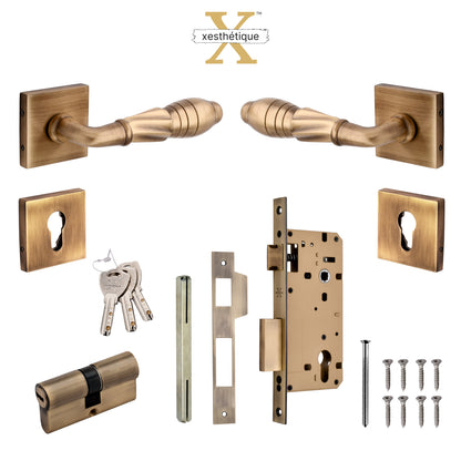 Xesthetique Vintage Brass Rose Door Lock Set – 10" Handle with Secure Both Side Ultra Key/ One Side Nobe Ultra Key Cylinder HE140