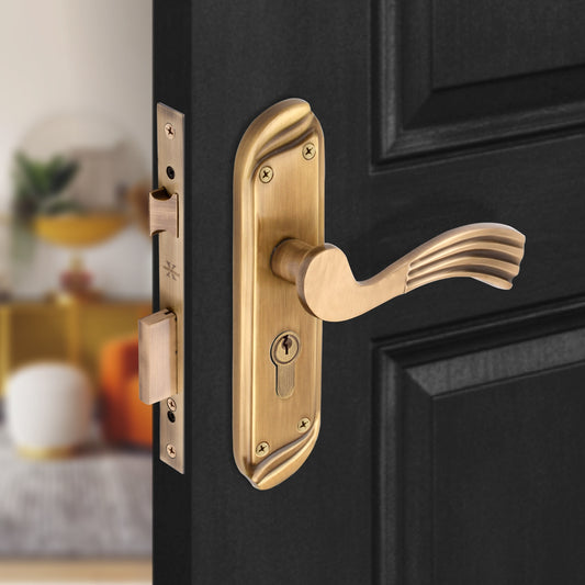 Xesthetique Vintage Brass Mortise Door Lock Set – 8" Handle with Secure One Side Nobe Key Cylinder HU21
