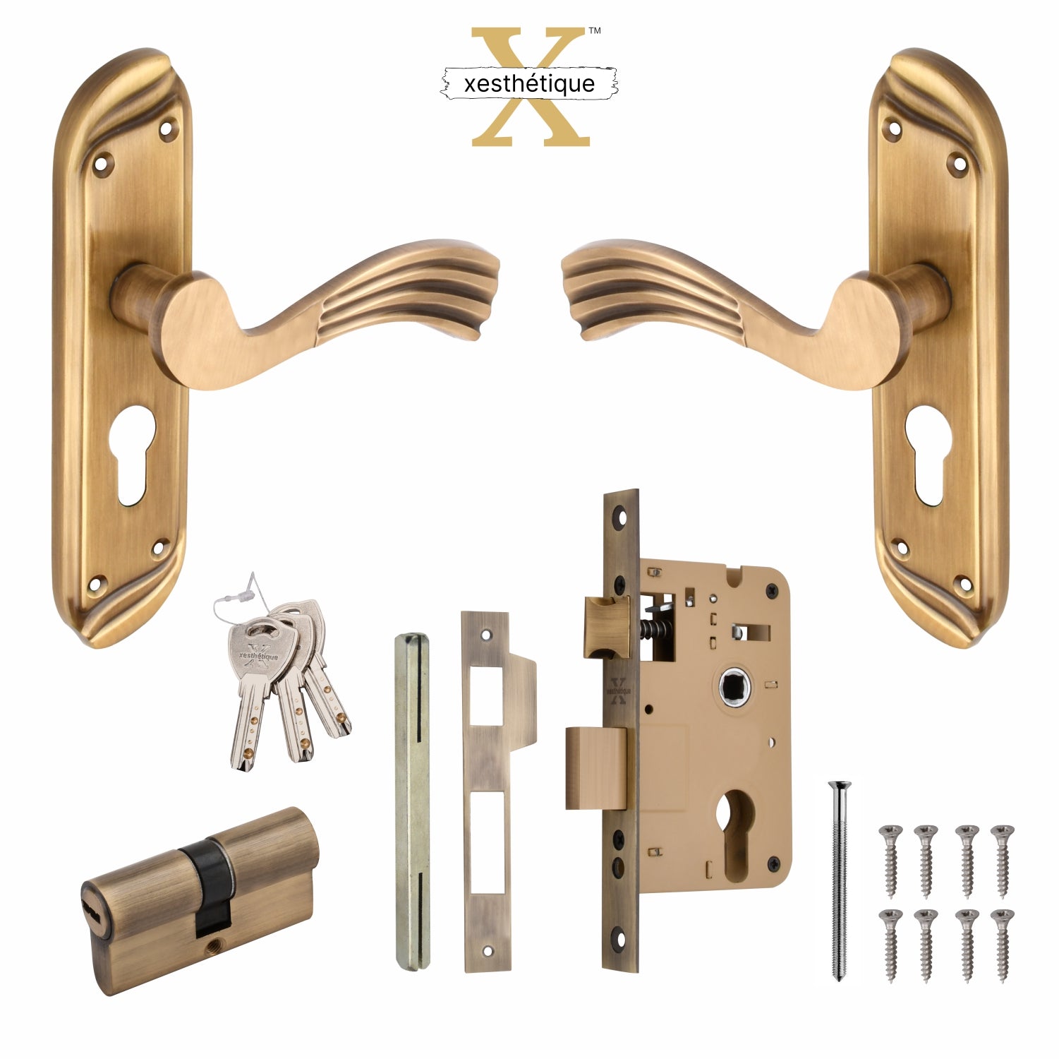 Xesthetique Vintage Brass Mortise Door Lock Set – 8" Handle with Secure Both Side Key Cylinder HU20