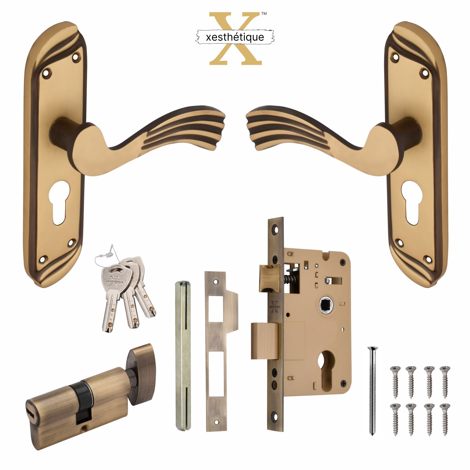 Xesthetique Vintage Brass Mortise Door Lock Set – 8" Handle with Secure One Side Nobe Key Cylinder HU161