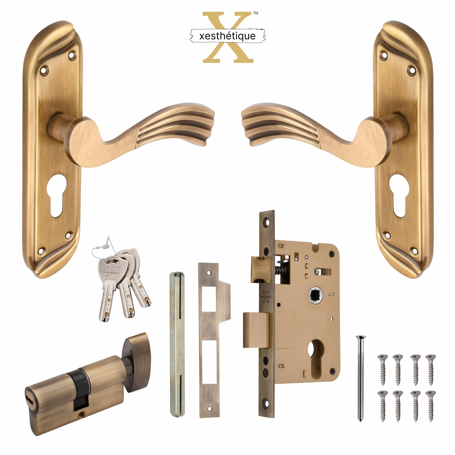 Xesthetique Vintage Brass Mortise Door Lock Set – 8" Handle with Secure One Side Nobe Key Cylinder HU21