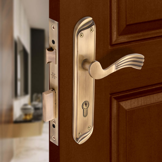 Xesthetique Vintage Brass Mortise Door Lock Set – 10" Handle with Secure One Side Nobe Ultra Key 70MM/90MM Pin Cylinder HU30