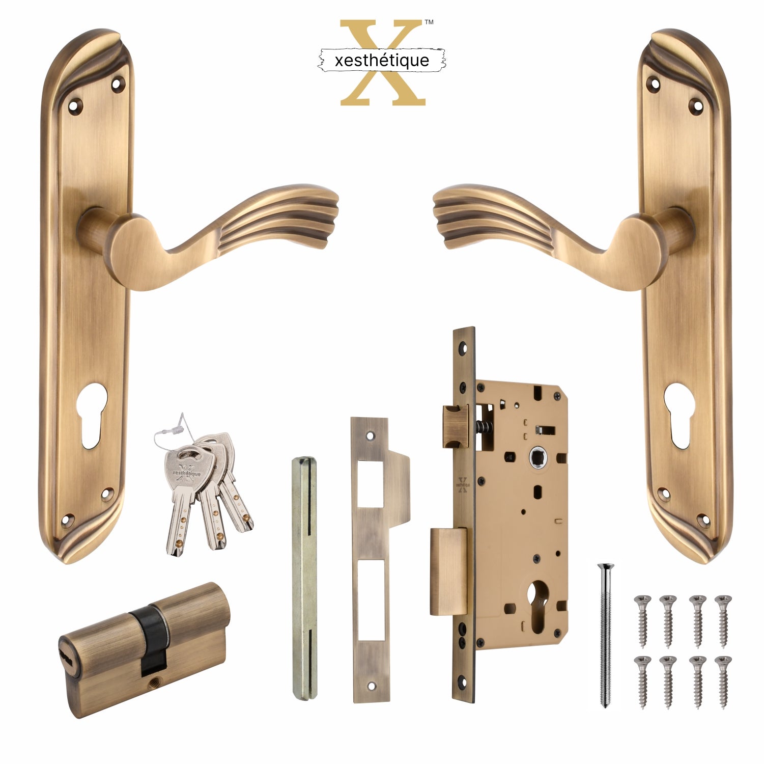 Xesthetique Vintage Brass Mortise Door Lock Set – 10" Handle with Secure Both Side Key Cylinder HU22
