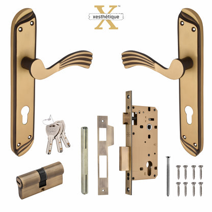 Xesthetique Vintage Brass Mortise Door Lock Set – 10" Handle with Secure Both Side Key Cylinder HU24