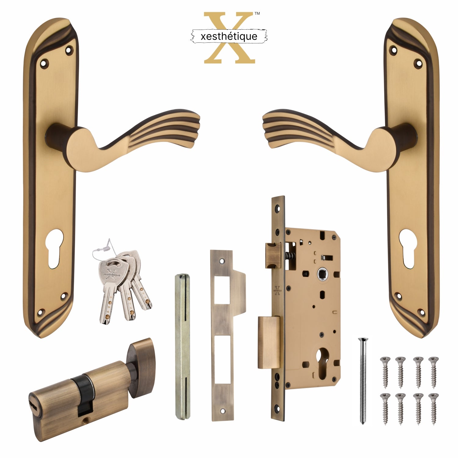 Xesthetique Vintage Brass Mortise Door Lock Set – 10" Handle with Secure One Side Nobe Key Cylinder HU25
