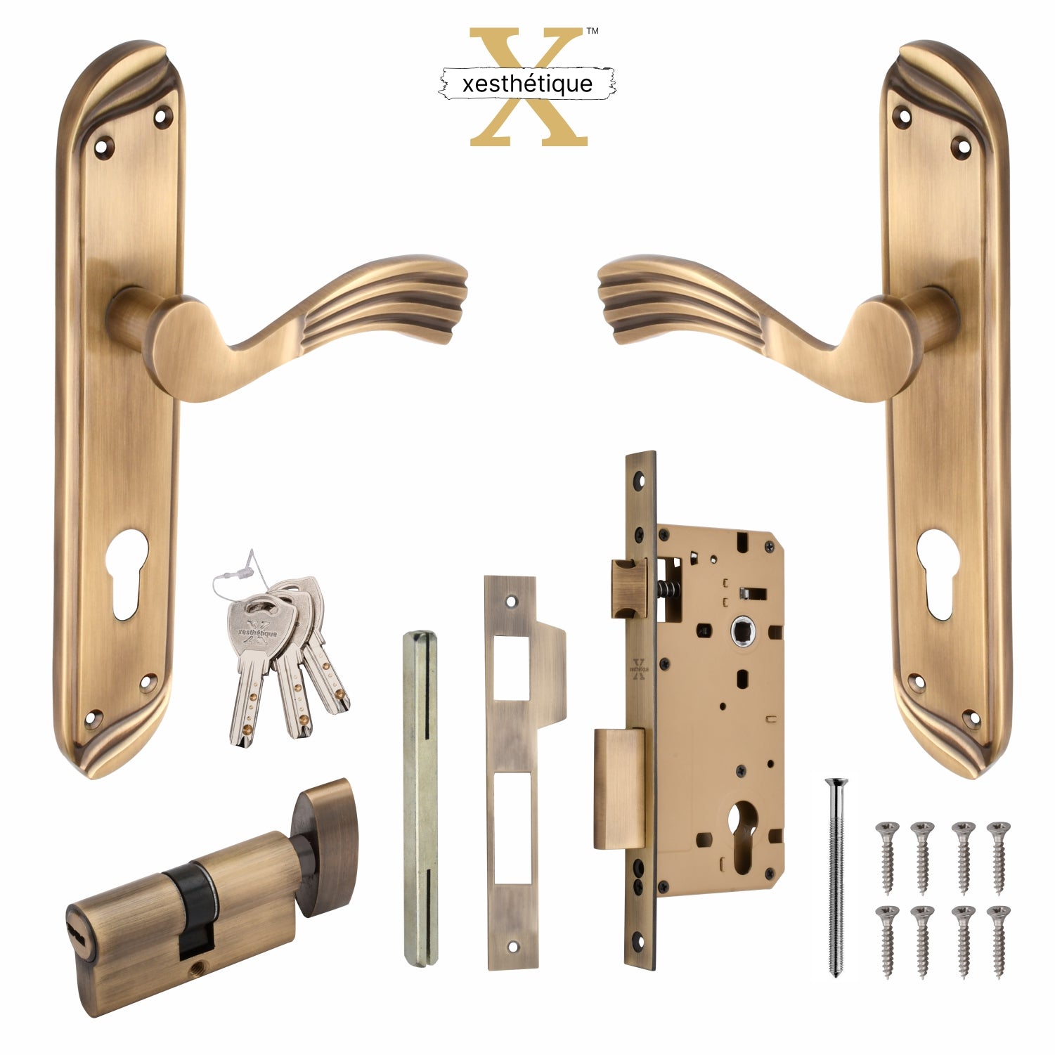 Xesthetique Vintage Brass Mortise Door Lock Set – 10" Handle with Secure One Side Nobe Key Cylinder HU23