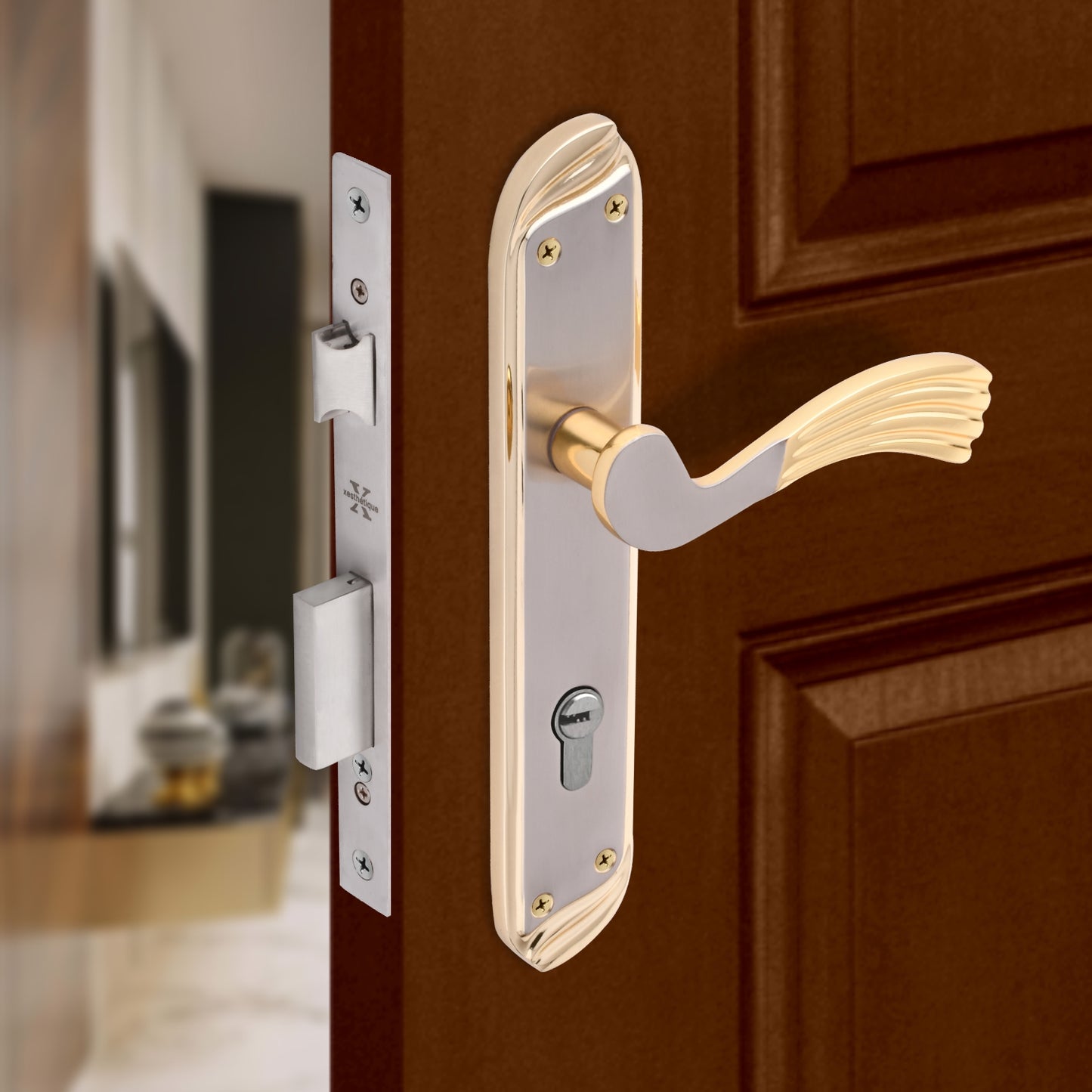 Xesthetique Vintage Brass Mortise Door Lock Set – 10" Handle with Secure Both Side Ultra Key 70MM/90MM Pin Cylinder HU28