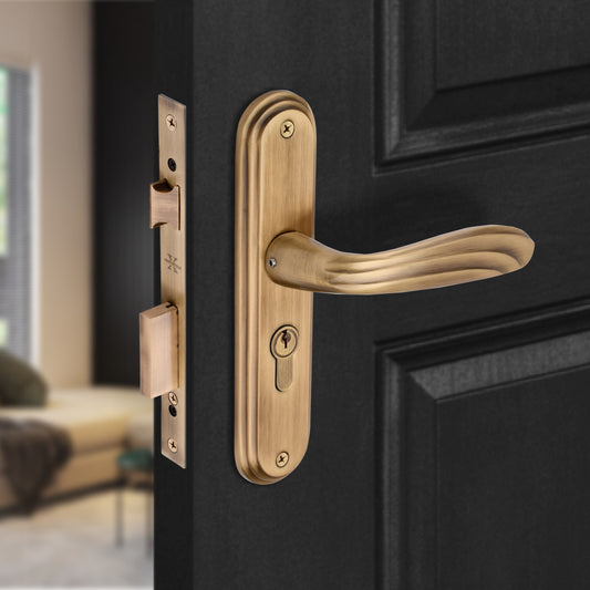 Xesthetique Vintage Brass Mortise Door Lock Set – 8" Handle with Secure One Side Nobe Key Cylinder IR35