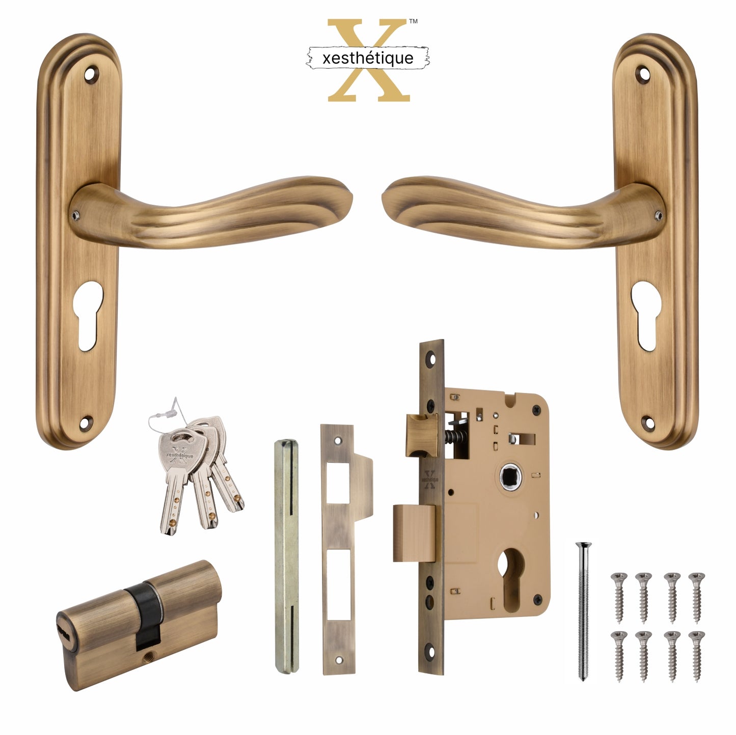 Xesthetique Vintage Brass Mortise Door Lock Set – 8" Handle with Secure Both Side Key Cylinder IR34
