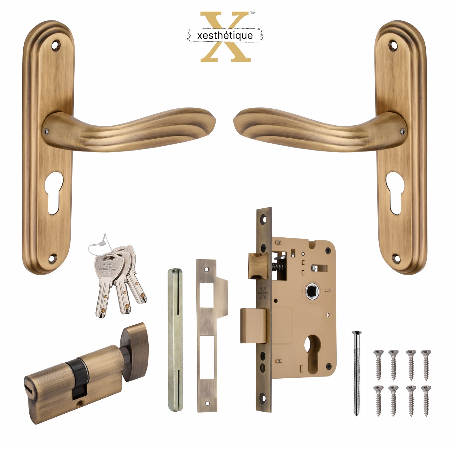 Xesthetique Vintage Brass Mortise Door Lock Set – 8" Handle with Secure One Side Nobe Key Cylinder IR35