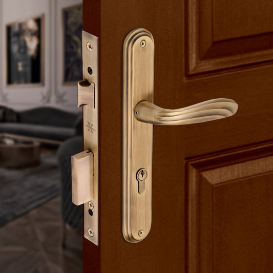 Xesthetique Vintage Brass Mortise Door Lock Set – 10" Handle with Secure One Side Nobe Ultra Key 70MM/90MM Pin Cylinder IR39